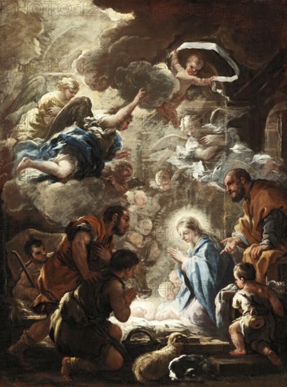 Luca Giordano (b. 18 October 1634, d. 3 January 1705), called Fa Presto, Italian Baroque painter and etcher, Adoration of the Shepherds (ca. 1690-1691), Painting, Reproduction of the painting in its original state, Work of art, Historical, Sacred scene of the Nativity of Jesus with angels and figures, surrounded by heavenly light and spirituality