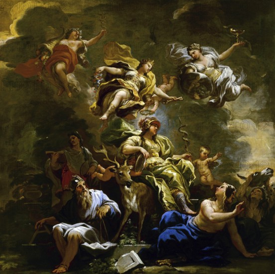 Luca Giordano (born 18 October 1634, died 3 January 1705), called Fa Presto, Italian painter and etcher of the Baroque period, Allegory of Prudence, Painting, Reproduction of the painting in its original state, Work of art, Historical, Mythological scene with gods and angels, Dramatic lighting and dynamic composition
