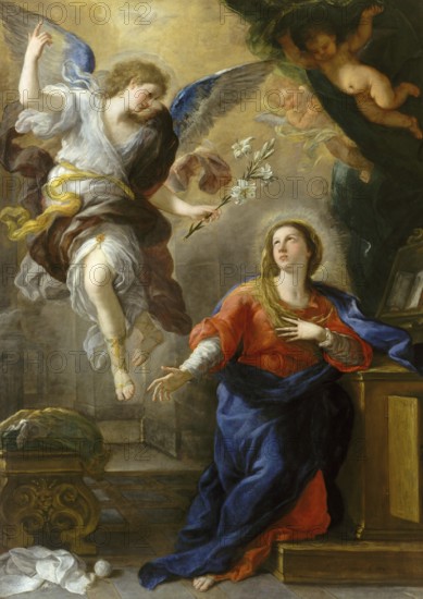 Luca Giordano (born 18 October 1634, died 3 January 1705), called Fa Presto, Italian painter and etcher of the Baroque period, The Annunciation (1672), Painting, Reproduction of the painting in its original state, Work of art, Historical, An angel hovers over a woman, holding flowers in her hand, surrounded by a heavenly atmosphere