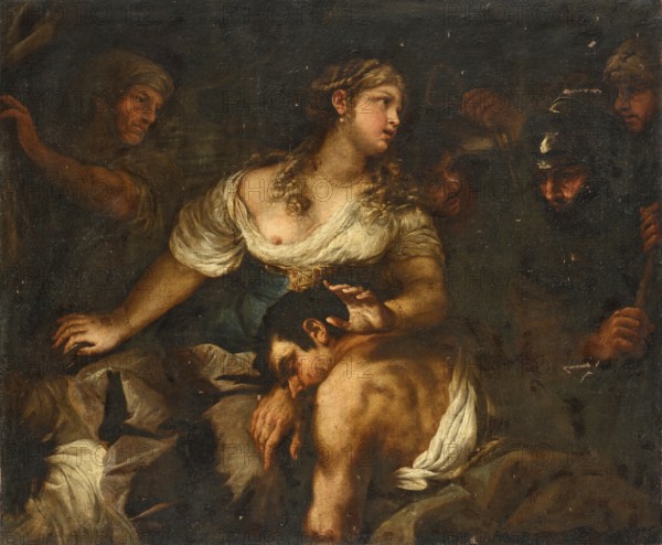 Luca Giordano (born 18 October 1634, died 3 January 1705), called Fa Presto, Italian Baroque painter and etcher, Samson and Delilah, Samson and Delilah, Painting, Reproduction of the painting in its original state, Work of art, Historical, Battle scene, a woman protects a man, surrounded by soldiers. Dramatic atmosphere