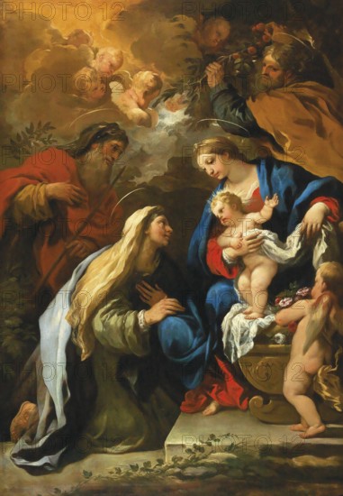 Luca Giordano (born 18 October 1634, died 3 January 1705), called Fa Presto, Italian painter and etcher of the Baroque period, The Holy Family With Saints Anne And Joachim, Painting, Reproduction of the painting in its original state, Work of art, Historical, A vivid depiction of the Holy Family with a baby while angels hover around them in flowers and light