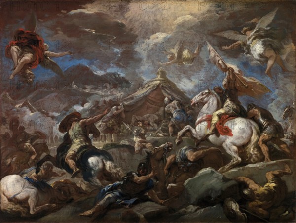 Luca Giordano (b. 18 October 1634, d. 3 January 1705), called Fa Presto, Italian Baroque painter and etcher, The Discovery of the Body of Holofernes (1703-4), Painting, Reproduction of the painting in its original state, Work of art, Historical, A dramatic battle scene with riders on horses and angels hovering over a turbulent landscape