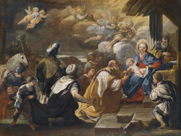 Luca Giordano (b. 18 October 1634, d. 3 January 1705), called Fa Presto, Italian painter and etcher of the Baroque period, The Adoration Of The Magi, Painting, Reproduction of the painting in its original state, Work of art, Historical, The Nativity with Mary, angels and shepherds in a lively scene