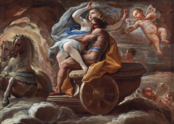 Luca Giordano (b. 18 October 1634, d. 3 January 1705), called Fa Presto, Italian painter and etcher of the Baroque period, The Abduction of Proserpina, Painting, Reproduction of the painting in its original state, Work of art, Historical, Gods ride on a chariot into heaven, accompanied by angels and horses