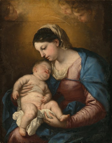 Luca Giordano (born 18 October 1634, died 3 January 1705), called Fa Presto, Italian painter and etcher of the Baroque period, Madonna and Child, Madonna with Child, Painting, Reproduction of the painting in its original state, Work of art, Historical, Madonna with sleeping child, halo, angelic figures in the background. Soft colours and peaceful atmosphere