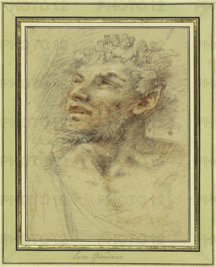 Luca Giordano (born 18 October 1634, died 3 January 1705), called Fa Presto, Italian painter and etcher of the Baroque period, Faun's head wreathed with vine leaves, Painting, Reproduction of the painting in its original state, Work of art, Historical, Portrait of a man with a wreath, Light drawing in Baroque style. Expression of thoughtfulness