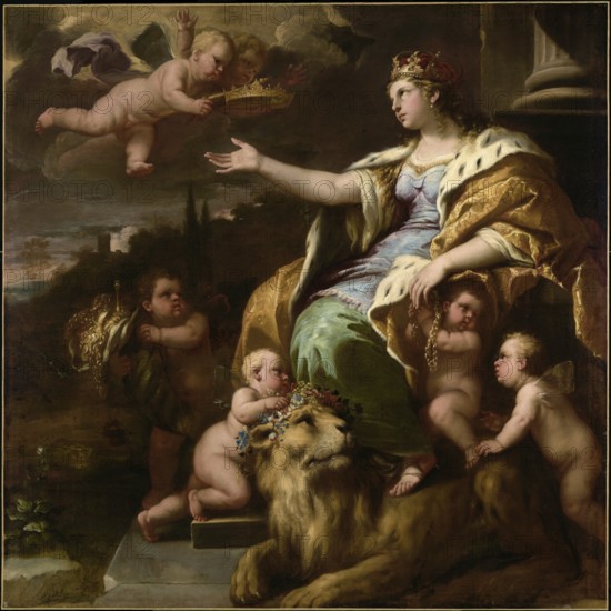 Luca Giordano (born 18 October 1634, died 3 January 1705), called Fa Presto, Italian painter and etcher of the Baroque period, Allegory of Magnanimity (About 1670), Painting, Reproduction of the painting in its original state, Work of art, Historical, Majestic woman sitting on a lion surrounded by angels in an antique scene