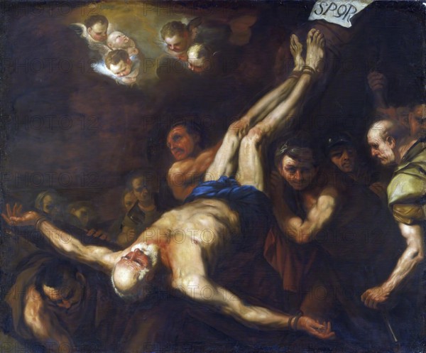 Luca Giordano (born 18 October 1634, died 3 January 1705), called Fa Presto, Italian painter and etcher of the Baroque period, Crucifixion Of St. Peter, Crucifixion of St. Peter, Painting, Reproduction of the painting in its original state, Work of art, Historical, Baroque martyrdom with holy figures and angels above the dramatic, tragic event