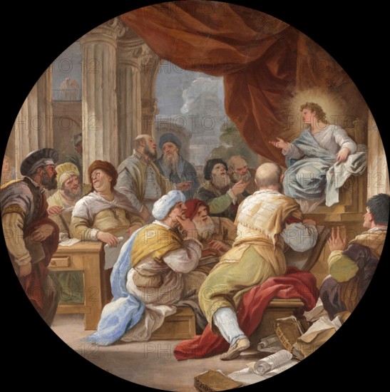 Luca Giordano (b. 18 October 1634, d. 3 January 1705), called Fa Presto, Italian Baroque painter and etcher, Christ Among the Doctors (c. 1685), Painting, Reproduction of the painting in its original state, Work of art, Historical, Round gathering of scholars and students in ancient architecture, Discussion of philosophy