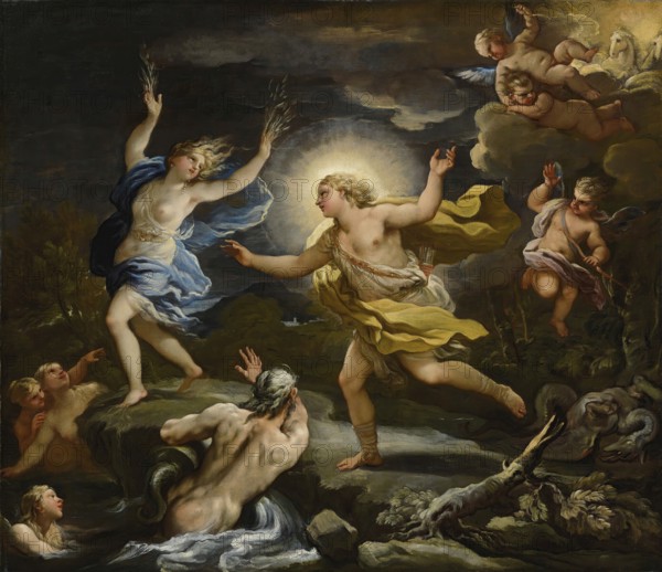 Luca Giordano (born 18 October 1634, died 3 January 1705), called Fa Presto, Italian painter and etcher of the Baroque period, Apollo And Daphne, Apollo and Daphne, Painting, Reproduction of the painting in its original state, Work of art, Historical, Dynamic mythological scene with Apollo and Daphne, Dramatic transformation and Baroque style