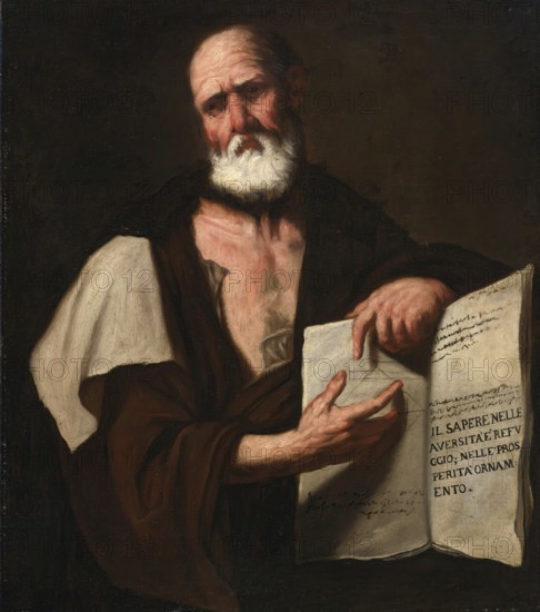 Luca Giordano (born 18 October 1634, died 3 January 1705), called Fa Presto, Italian painter and etcher of the Baroque period, Aristotle, Aristotle, Painting, Reproduction of the painting in its original state, Work of art, Historical, Old portrait of a wise man with a book, Depiction of knowledge and wisdom in a dark atmosphere