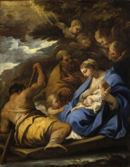 Luca Giordano (born 18 October 1634, died 3 January 1705), called Fa Presto, Italian painter and etcher of the Baroque period, The Flight into Egypt, Painting, Reproduction of the painting in its original state, Work of art, Historical, The Holy Family on a boat with angels above them, in a peaceful, blue light scene