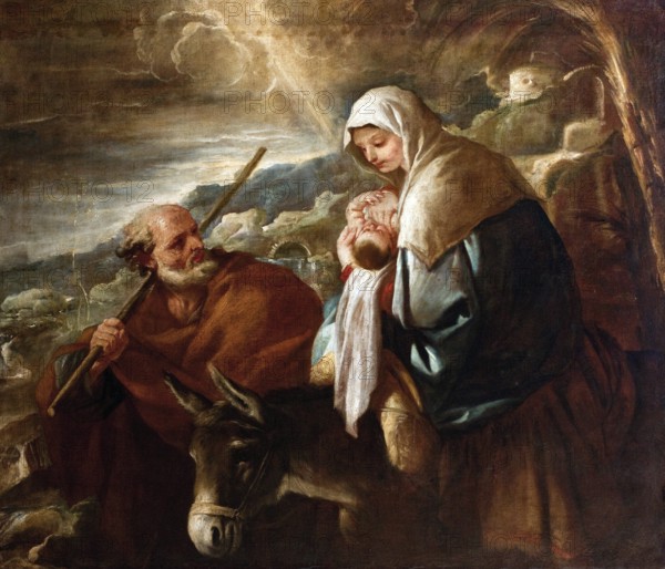Luca Giordano (born 18 October 1634, died 3 January 1705), called Fa Presto, Italian painter and etcher of the Baroque period, Flight into Egypt (1690 -1705), Painting, Reproduction of the painting in its original state, Work of art, Historical, Mary and Joseph travelling through a stormy night with a baby and a donkey