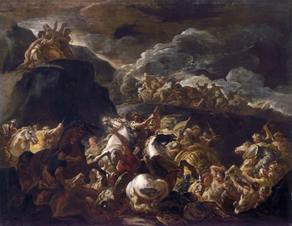 Luca Giordano (b. 18 October 1634, d. 3 January 1705), called Fa Presto, Italian painter and etcher of the Baroque period, The Battle of Israel and Amalek, Painting, Reproduction of the painting in its original state, Work of art, Historical, Horsemen fight in a dramatic and stormy scene in front of dark clouds