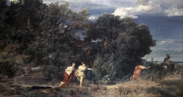 Arnold Böcklin (born 16 October 1827, died January 1901), Swiss painter, draughtsman, graphic artist and sculptor of Symbolism: Diana's Hunt (1862), Painting, Reproduction of the painting, Work of art, Historical, Dramatic scene in the forest with fleeing woman and dense vegetation