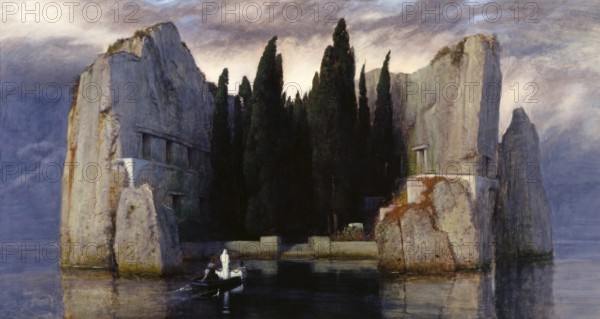 Arnold Böcklin (born 16 October 1827, died January 1901), Swiss painter, draughtsman, graphic artist and sculptor of Symbolism: The Isle of the Dead III (1883), Painting, Reproduction of the painting, Work of art, Historical, Mystical island with cypresses and boat, dark atmosphere on still water