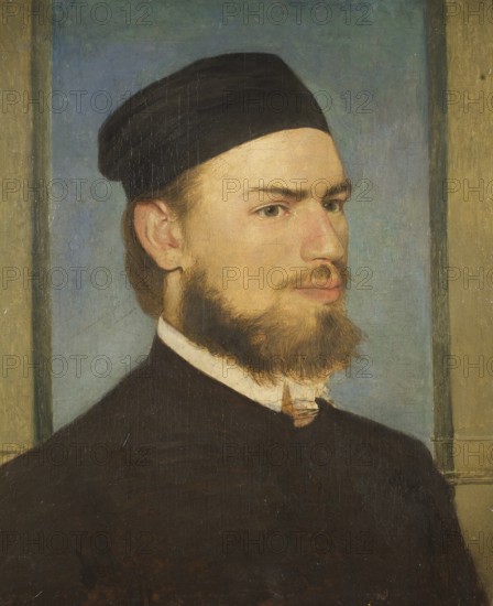Arnold Böcklin (born 16 October 1827, died January 1901), Swiss painter, draughtsman, graphic artist and sculptor of Symbolism: The painter Franz von Lenbach (1862), Painting, Reproduction of the painting, Work of art, Historical, Portrait of a young man with beard and traditional robe against a blue background