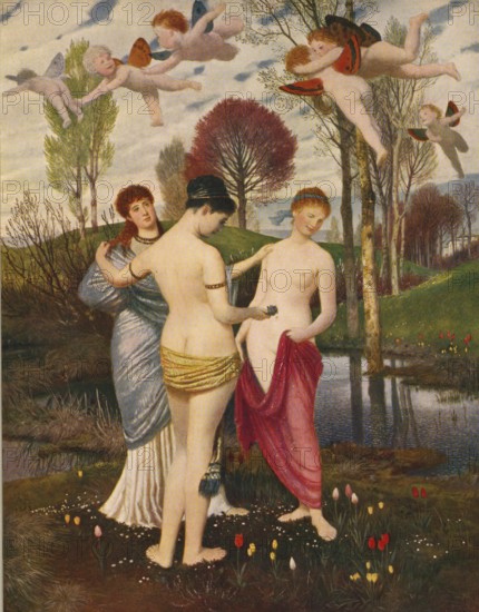 Arnold Böcklin (born 16 October 1827, died January 1901), Swiss painter, draughtsman, graphic artist and sculptor of Symbolism: Spring Hymn (19th century), Painting, Reproduction of the painting, Work of art, Historical, Mythological scene with goddesses and floating putti in a spring landscape