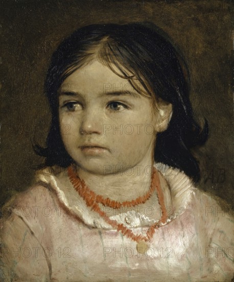Arnold Böcklin (born 16 October 1827, died January 1901), Swiss painter, draughtsman, graphic artist and sculptor of Symbolism: portrait of Lucia, the Artist's Daughter (1864), Painting, Reproduction of the painting, Work of art, Historical, Portrait of a young girl with black hair and a necklace, innocent expression