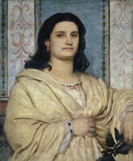 Arnold Böcklin (born 16 October 1827, died January 1901), Swiss painter, draughtsman, graphic artist and sculptor of Symbolism: portrait Of Angela Böcklin As A Muse, Painting, Reproduction of the painting, Work of art, Historical, Woman in yellow dress in front of decorative walls, with self-confident look