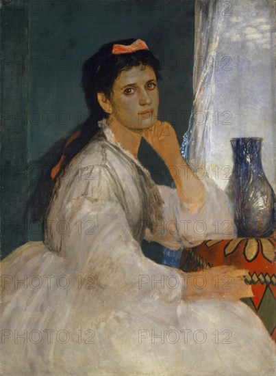 Arnold Böcklin (born 16 October 1827, died January 1901), Swiss painter, draughtsman, graphic artist and sculptor of Symbolism: portrait of Clara Böcklin, Eldest Daughter of the Artist (1872-1873), Painting, Reproduction of the painting, Work of art, Historical, Thoughtful portrait of a woman at a table with a vase, light falling from the side