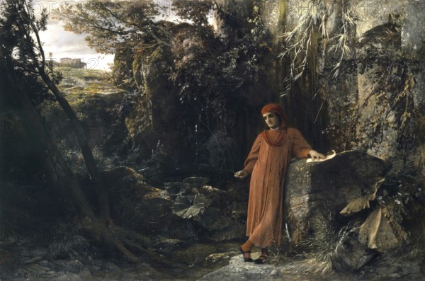 Arnold Böcklin (born 16 October 1827, died January 1901), Swiss painter, draughtsman, graphic artist and sculptor of Symbolism: Petrarch at the Spring of Vaucluse (1867), Painting, Reproduction of the painting, Work of art, Historical, Woman in medieval dress in a quiet, wooded area