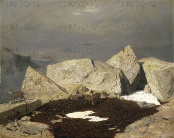 Arnold Böcklin (born 16 October 1827, died January 1901), Swiss painter, draughtsman, graphic artist and sculptor of Symbolism: Mountain Landscape with Chamois (1849), Painting, Reproduction of the painting, Work of art, Historical, Barren mountain landscape with huge rocks, snow and goats
