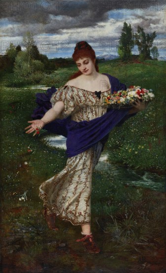 Arnold Böcklin (born 16 October 1827, died January 1901), Swiss painter, draughtsman, graphic artist and sculptor of Symbolism: Flora, scattering flowers (1875), Painting, Reproduction of the painting, Work of art, Historical, Woman with flowers in a basket, dancing in a meadow under a cloudy sky