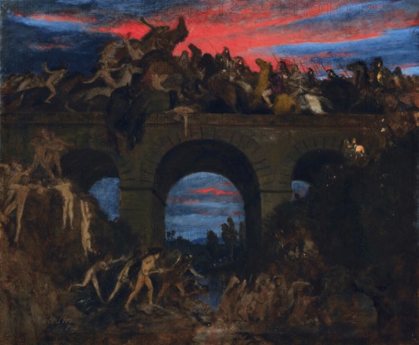 Arnold Böcklin (born 16 October 1827, died January 1901), Swiss painter, draughtsman, graphic artist and sculptor of Symbolism: Battle On The Bridge (1889), Painting, Reproduction of the painting, Work of art, Historical, Dramatic scene with illuminated sky and crowds of people on a bridge in motion