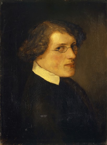 Arnold Böcklin (born 16 October 1827, died January 1901), Swiss painter, draughtsman, graphic artist and sculptor of Symbolism: portrait of Jakob Mähly (1848), Painting, Reproduction of the painting, Work of art, Historical, Serious portrait of a man with glasses and formal clothes against a dark background