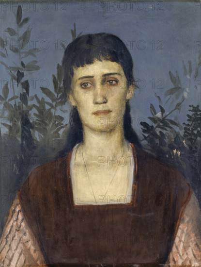 Arnold Böcklin (born 16 October 1827, died January 1901), Swiss painter, draughtsman, graphic artist and sculptor of Symbolism: portrait of Clara Bruckmann-Böcklin, Eldest Daughter of the Artist (1876), Painting, Reproduction of the painting, Work of art, Historical, Portrait of a serious looking woman in front of a background with plant motifs