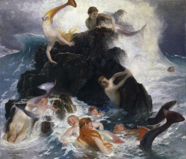 Arnold Böcklin (born 16 October 1827, died January 1901), Swiss painter, draughtsman, graphic artist and sculptor of Symbolism: Play of the Nereides (1886), Painting, Reproduction of the painting, Artwork, Historical, Mermaids playing and swimming in the wild sea around rocky cliffs