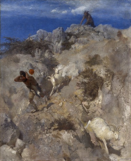 Arnold Böcklin (born 16 October 1827, died January 1901), Swiss painter, draughtsman, graphic artist and sculptor of Symbolism: Pan Frightening A Shepherd (Terrified Panic) (1865), Painting, Reproduction of the painting, Work of art, Historical, Men and goats on a rocky slope in a clear sky