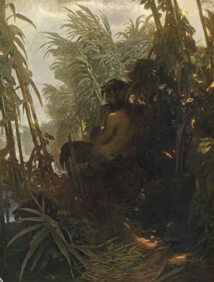 Arnold Böcklin (born 16 October 1827, died January 1901), Swiss painter, draughtsman, graphic artist and sculptor of Symbolism: Pan in the Reeds (19th century), Painting, Reproduction of the painting, Work of art, Historical, Figure in the wilderness surrounded by dense vegetation and shadows