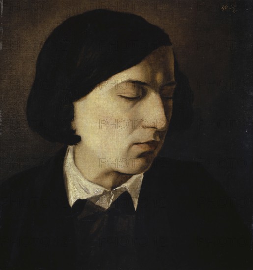 Arnold Böcklin (born 16 October 1827, died January 1901), Swiss painter, draughtsman, graphic artist and sculptor of Symbolism: portrait Of Alexander Michelis, Painting, Reproduction of the painting, Work of art, Historical, Melancholic portrait of a man with closed eyes and dark background
