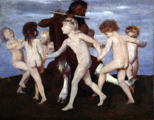 Arnold Böcklin (born 16 October 1827, died January 1901), Swiss painter, draughtsman, graphic artist and sculptor of Symbolism: Pan Dancing with Children (circa 1884), Painting, Reproduction of the painting, Work of art, Historical, Children dancing happily to a flute played by a mythological figure