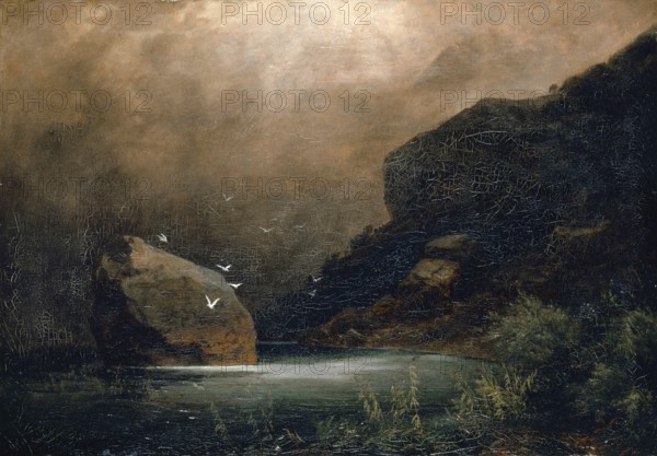 Arnold Böcklin (born 16 October 1827, died January 1901), Swiss painter, draughtsman, graphic artist and sculptor of Symbolism: Mountain Lake With Seagulls (1847), Painting, Reproduction of the painting, Work of art, Historical, Stormy seascape with rocks, birds and dark, dense clouds