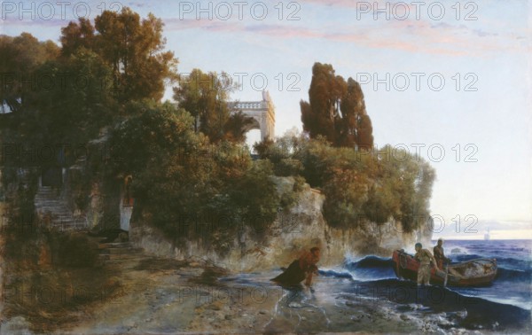 Arnold Böcklin (born 16 October 1827, died January 1901), Swiss painter, draughtsman, graphic artist and sculptor of Symbolism: Castle by the sea & murder in the castle garden (1859), Painting, Reproduction of the painting, Work of art, Historical, Coastal landscape with boats and trees at sunset