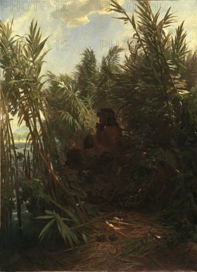 Arnold Böcklin (born 16 October 1827, died January 1901), Swiss painter, draughtsman, graphic artist and sculptor of Symbolism: Pan in the Reed (1856), Painting, Reproduction of the painting, Work of art, Historical, Figure in a dense jungle by a river in a tropical atmosphere