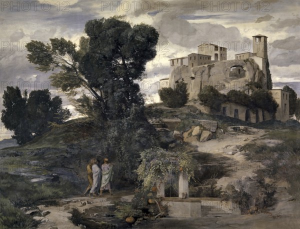 Arnold Böcklin (born 16 October 1827, died January 1901), Swiss painter, draughtsman, graphic artist and sculptor of Symbolism: On the Way to Emmaus (1868), Painting, Reproduction of the painting, Work of art, Historical, Ancient landscape with buildings on a rock, surrounded by trees and dramatic clouds