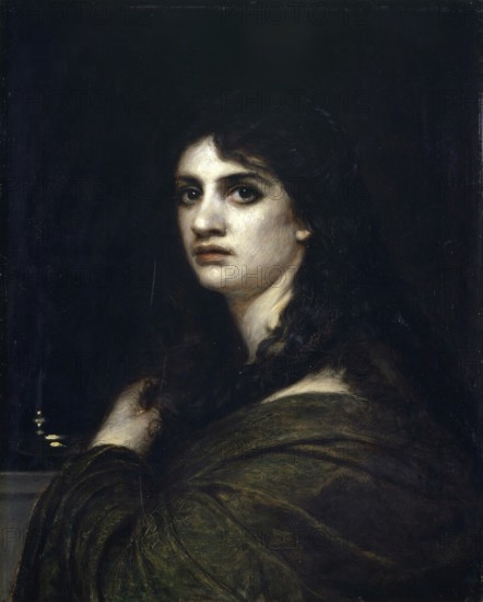 Arnold Böcklin (born 16 October 1827, died January 1901), Swiss painter, draughtsman, graphic artist and sculptor of Symbolism: Melancholy (1871), Painting, Reproduction of the painting, Work of art, Historical, Intense portrait of a woman with a mysterious expression against a dark background