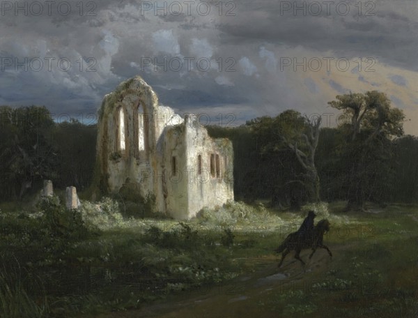 Arnold Böcklin (born 16 October 1827, died January 1901), Swiss painter, draughtsman, graphic artist and sculptor of Symbolism: Mondscheinlandschaft Mit Ruine (Moonlit Landscape) (1849), Painting, Reproduction of the painting, Work of art, Historical, Romantic ruin scene with rider in a mysterious, cloudy landscape