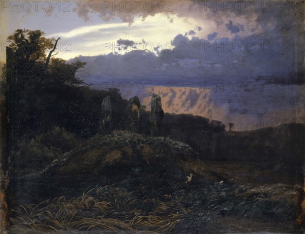Arnold Böcklin (born 16 October 1827, died January 1901), Swiss painter, draughtsman, graphic artist and sculptor of Symbolism: Le Dolmen (1847), Painting, Reproduction of the painting, Work of art, Historical, Mysterious landscape at dusk with rocks and dramatically illuminated sky
