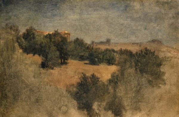 Arnold Böcklin (born 16 October 1827, died January 1901), Swiss painter, draughtsman, graphic artist and sculptor of Symbolism: Landscape near Palestrina (1853), Painting, Reproduction of the painting, Work of art, Historical, Washed-out depiction of a hilly landscape with trees and buildings in dull colours