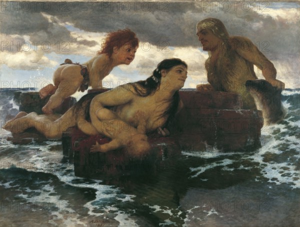 Arnold Böcklin (born 16 October 1827, died January 1901), Swiss painter, draughtsman, graphic artist and sculptor of Symbolism: Sea Idyll (1887), Painting, Reproduction of the painting, Work of art, Historical, Mythological scene by the sea with figures on stones, dramatic sky and turbulent water