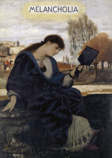 Arnold Böcklin (born 16 October 1827, died January 1901), Swiss painter, draughtsman, graphic artist and sculptor of Symbolism: Melancholy (1885-1900), Painting, Reproduction of the painting, Work of art, Historical, Pensive woman holding a mirror in an autumnal, melancholy park