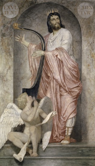 Arnold Böcklin (born 16 October 1827, died January 1901), Swiss painter, draughtsman, graphic artist and sculptor of Symbolism: King David (1868), Painting, Reproduction of the painting, Work of art, Historical, Saint with harp in classical garb, Angel kneeling in front of him