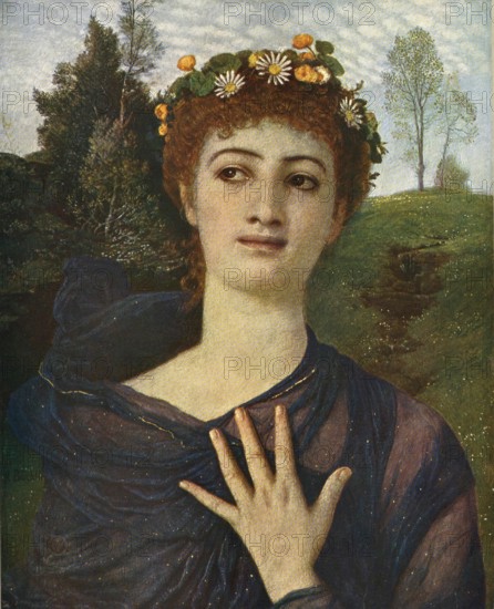 Arnold Böcklin (born 16 October 1827, died January 1901), Swiss painter, draughtsman, graphic artist and sculptor of Symbolism: Portrait, Painting, Reproduction of painting, Work of art, Historical, Young woman with wreath of flowers, Gentle smile, Calm landscape
