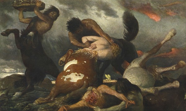Arnold Böcklin (born 16 October 1827, died January 1901), Swiss painter, draughtsman, graphic artist and sculptor of Symbolism: Centaur Fight (19th century), Painting, Reproduction of the painting, Work of art, Historical, Mythological creatures in an intense battle, Dramatic scene