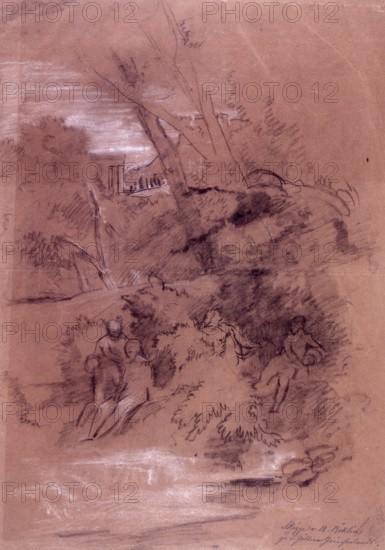 Arnold Böcklin (born 16 October 1827, died January 1901), Swiss painter, draughtsman, graphic artist and sculptor of Symbolism: Gods of Greece (ca. 1859), Painting, Reproduction of the painting, Work of art, Historical, Sketch of people in a wooded landscape, slightly pastel-coloured